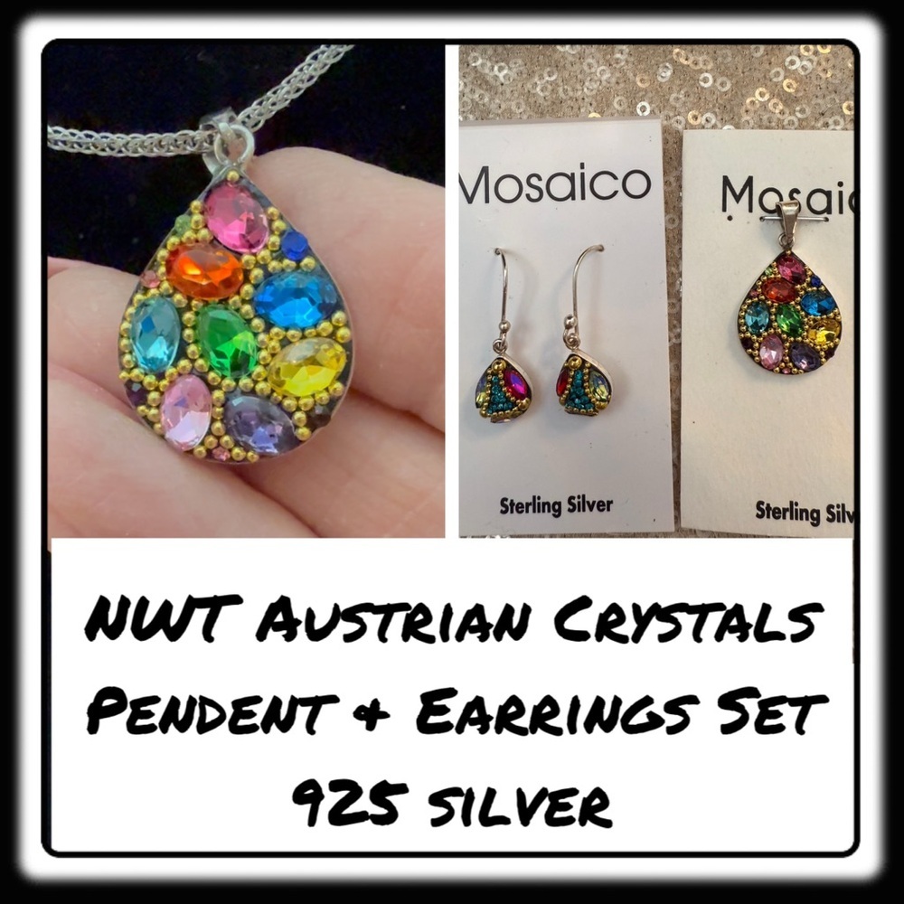Nwt Mosaico Austrian Crystal Pendant Necklace & Earrings New Line!
